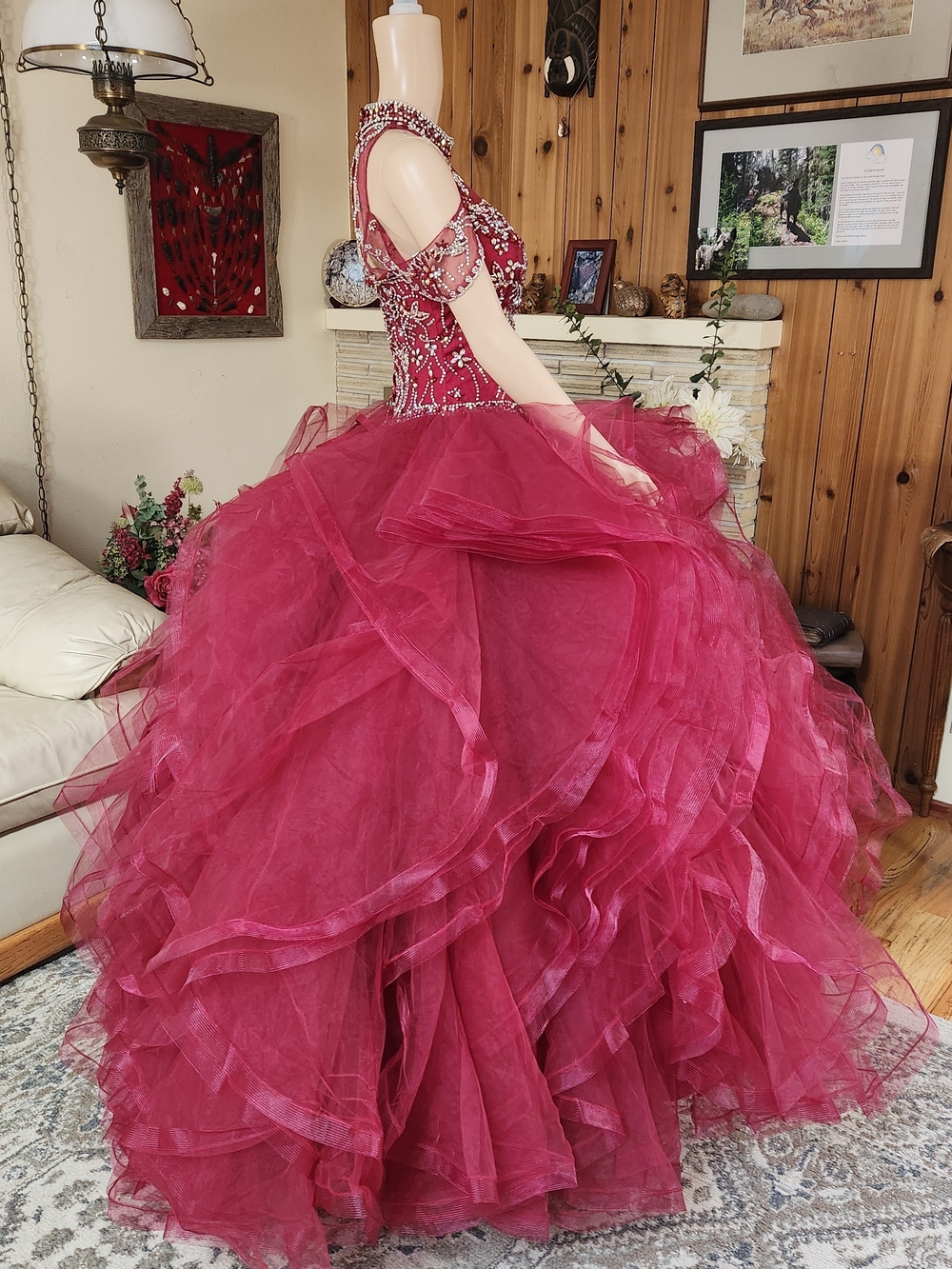 Leonia Lee Burgundy Beaded Ball Gown - Size S - Picture 2 of 9